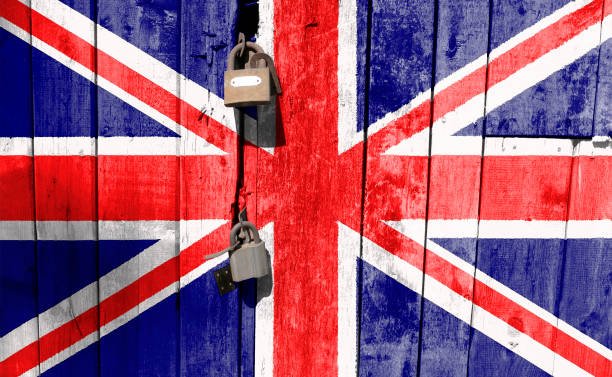 Flag of Flag of the Great Britain is in texture. Template. Coronavirus pandemic. Countries are closed. Locks. stock photo