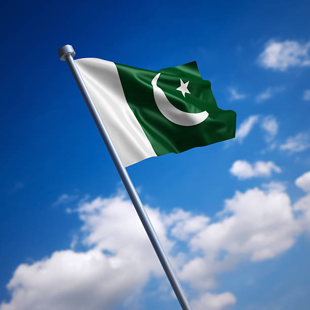 Flag of Pakistan against blue sky Flag of the Islamic Republic of Pakistan. Shallow depth of field and motion blur 3d render. pakistan flag stock pictures, royalty-free photos & images