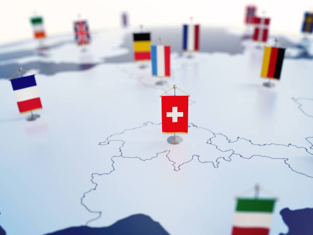 Flag of Switzerland in focus among other European countries flags Flag of Switzerland in focus among other European countries flags. Europe marked with table flags 3d rendering swiss culture stock pictures, royalty-free photos & images