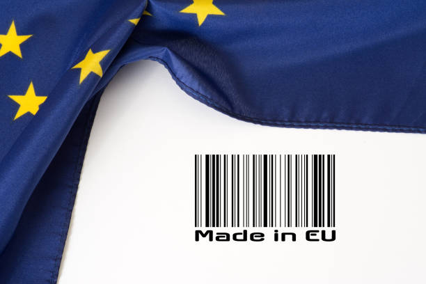 Flag of the European Union Barcode and Slogan Made in EU Flag of the European Union Barcode and slogan Made in EU maggot stock pictures, royalty-free photos & images