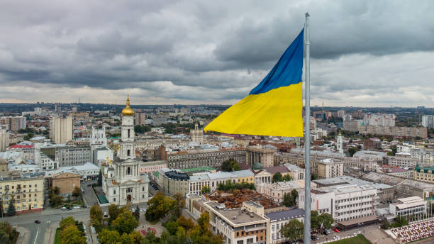 flag of ukraine, cathedral kharkiv city aerial - kharkiv imagens e fotografias de stock