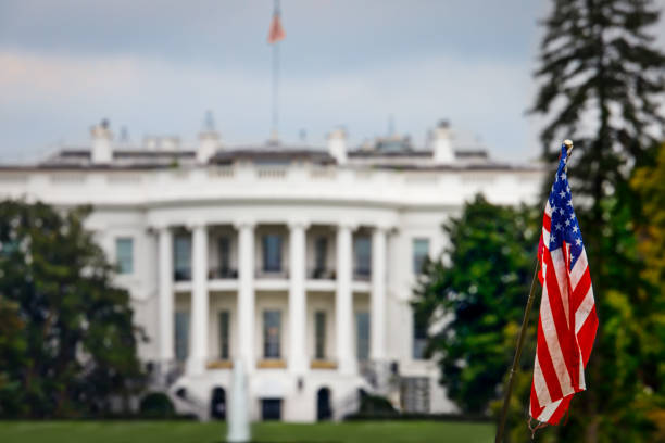 Flag Waving The American flag of a tourist standing in front of the White House in Washington, DC. president stock pictures, royalty-free photos & images