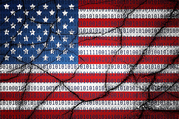 USA flag with binary text and cracks USA flag with binary text and cracks national security agency stock pictures, royalty-free photos & images