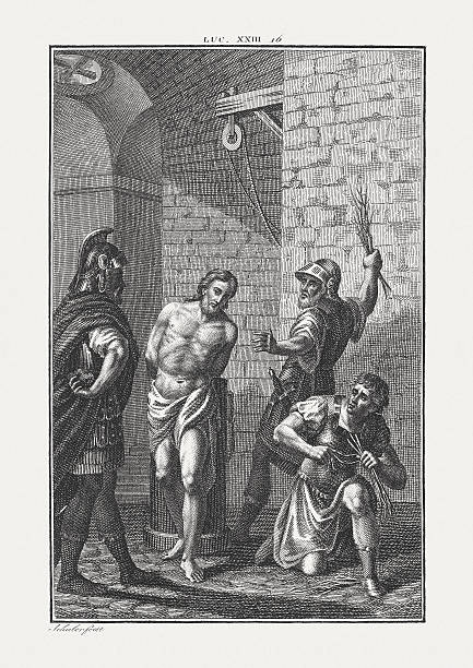 Flagellation of Christ (Luke 23), copper engraving, published c. 1850  good friday stock pictures, royalty-free photos & images