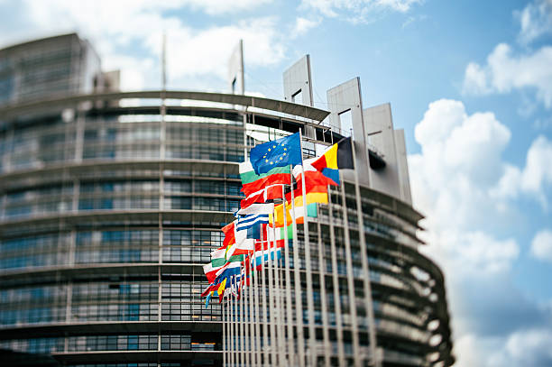 drapeaux devant le parlement européen tilt-shift - parlement européen photos et images de collection