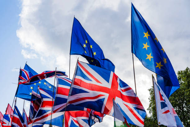 Flags of European Union and Great Britain. Bunch Of Flags of European Union and Great Britain. brexit stock pictures, royalty-free photos & images