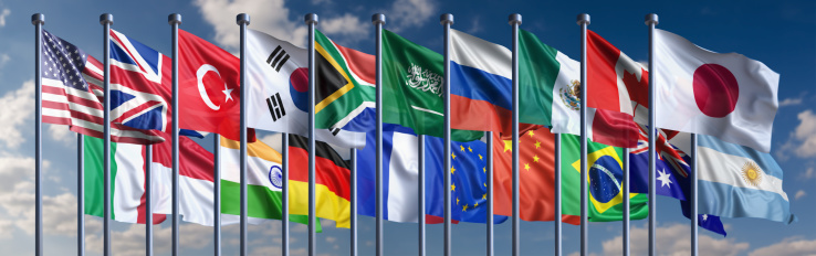 Flags of the G-20 nations. Shallow depth of field and motion blur 3d render.