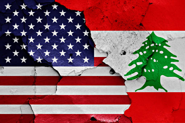 flags of United States and Lebanon painted on cracked wall  Lebanon Flag stock pictures, royalty-free photos & images