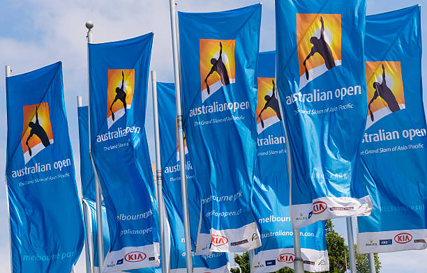 Flags with Australian Open logos stock photo