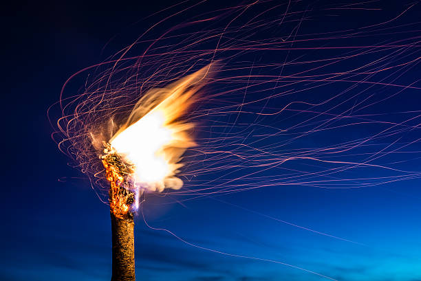 Flaming Torch at Night stock photo