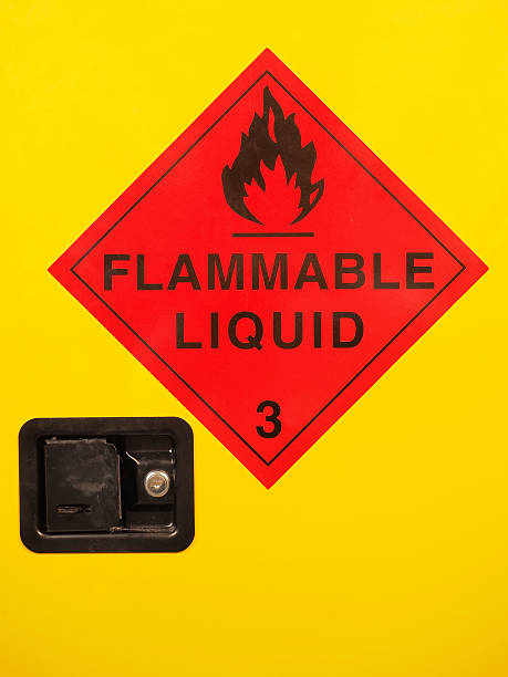 Flammable liquid cabinet door with warning sign and lock stock photo