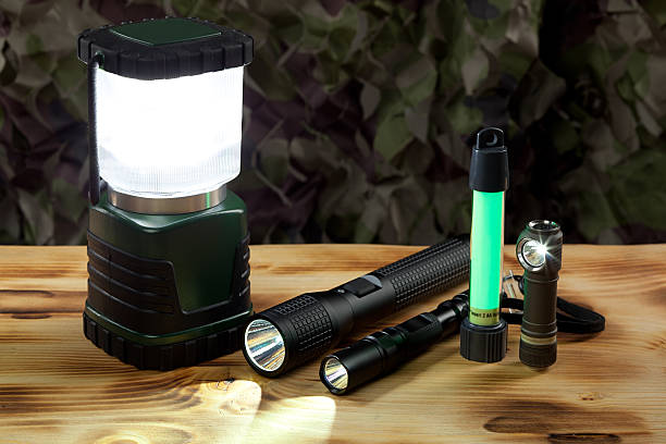 Flashlights and lantern Group of flashlights and lantern. bushcraft stock pictures, royalty-free photos & images