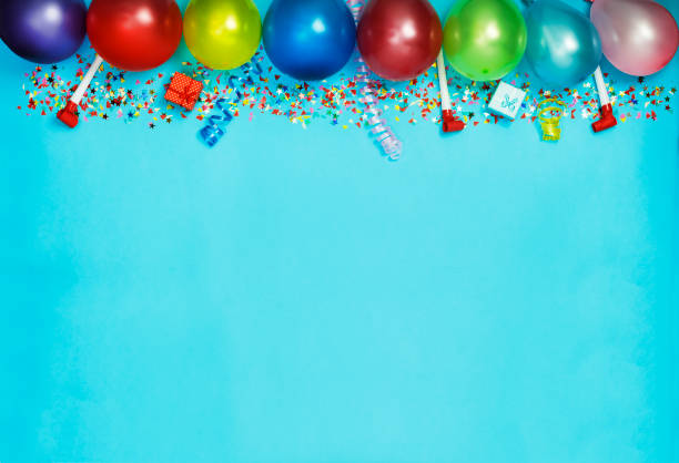 flat lay, colorful, celebration, background. gift boxes, balloons, confetti, top view. copy space. - carnival accessories flat lay imagens e fotografias de stock