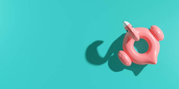Flat lay of flamingo inflatable, Summer minimal concept. 3d rendering stock photo