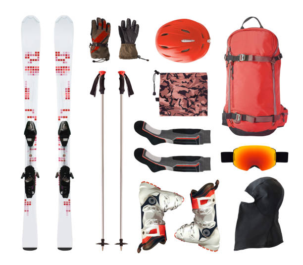 Flat lay of mountain ski equipment and clothes isolated on white Flat lay of mountain ski equipment and alpine accessories. Helmet, boots, ski goggles, etc. isolated on white background ski stock pictures, royalty-free photos & images