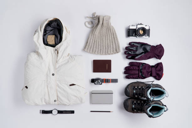 Flat lay of Traveler's accessories in winter season stock photo