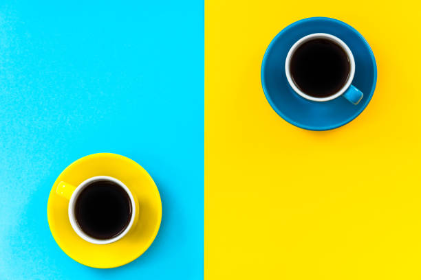 Flat lay vibrant design of minimalist pattern, coffee cups Flat lay vibrant design of minimalist pattern, coffee cups. cup photos stock pictures, royalty-free photos & images