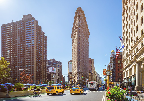 The Flatiron Building and Buildings around Madison Square Park in New York City in the morning