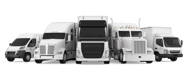 Fleet of Freight Transportation Fleet of Freight Transportation isolated on white background. 3D render commercial land vehicle stock pictures, royalty-free photos & images