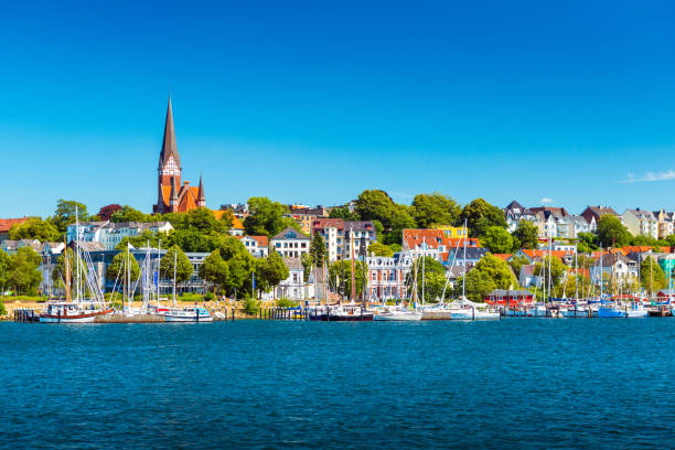 Flensburg cityscape at summer day. Skyline of the old european town. Panoramic view of the small german city stock photo
