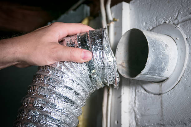 Flexible aluminum dryer vent hose, removed for cleaning/repair/maintenance stock photo