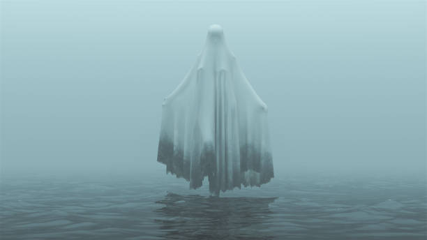 floating evil spirit ghost con un ginocchio alzato e braccia fuori in una sindone della morte sull'acqua in una vista frontale del giorno nebbioso - fantasma foto e immagini stock