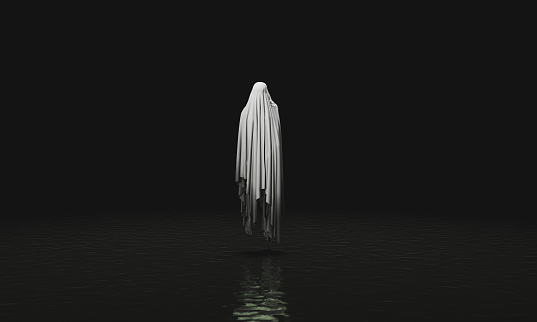 evil spirit levitating over a dark lake. ghost with dark body. spooky scene. halloween concept. 3d rendering