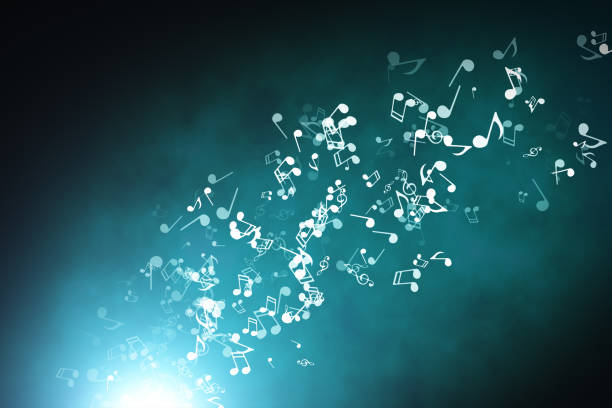 note musicali fluttuanti su sfondo blu astratto con illustrazione 3d flares - music concept foto e immagini stock