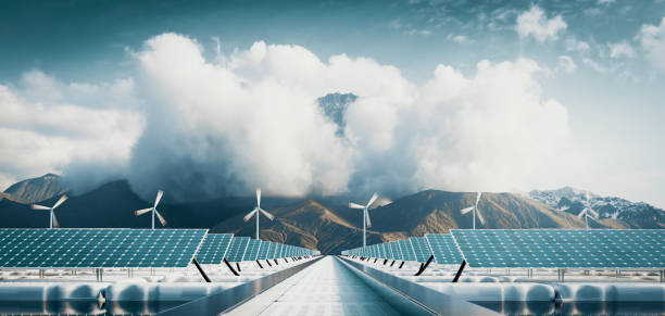 drijvende zonne-energiecentrale en offshore windturbinepark met majestueuze bergachtergrond. 3d-weergave - green energy stockfoto's en -beelden