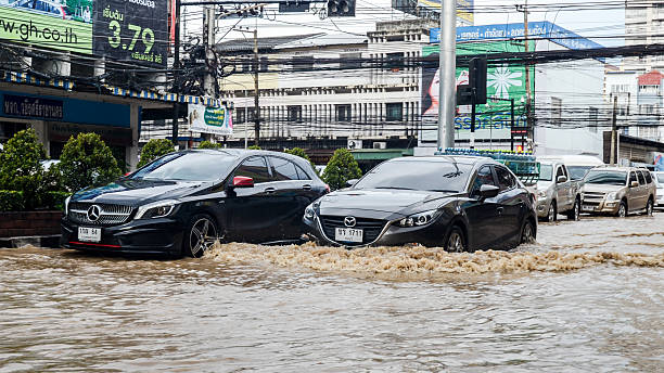 Flood after heavy rain in Sriracha, Chonburi, Thailand stock photo