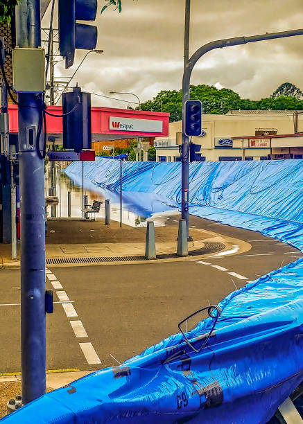 Flood barrier installed in CBD, Maryborough, QLD, Australia stock photo