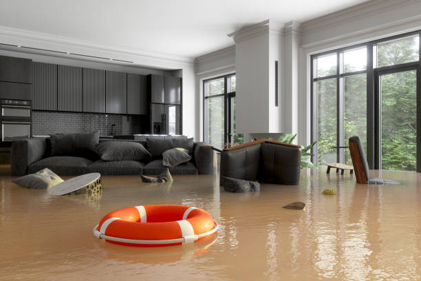 soggiorno allagato con divano, poltrone e boa di vita che galleggia sull'acqua - alluvione foto e immagini stock