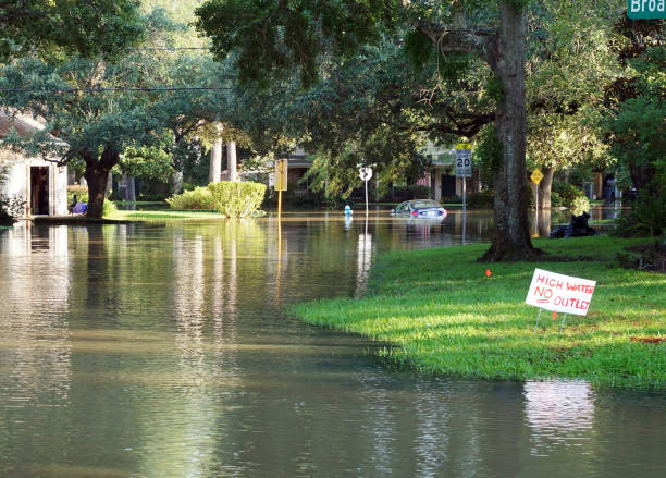 Flooded streets of the neighborhood, drowned cars. Houston, Texas, US. Consequences of the Hurricane Harvey stock photo