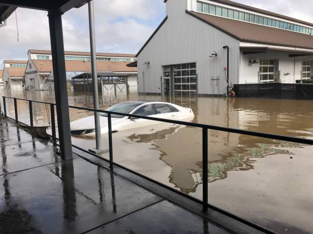 Flooding in downtown Sebastopol, California in western Sonoma County stock photo