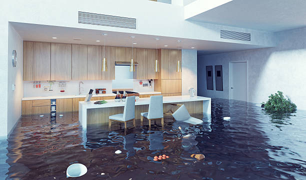 flooding in the kitchen flooding in luxurious kitchen interior. 3d creative concept flooding stock pictures, royalty-free photos & images