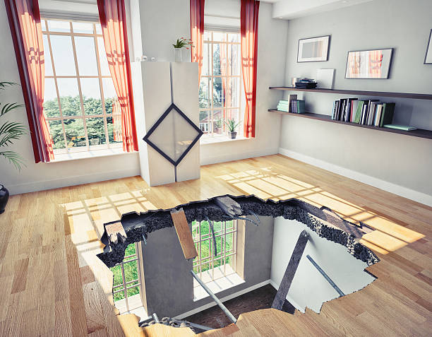 floor broken  floor of a residential apartment (illustrated concept) collapsing stock pictures, royalty-free photos & images