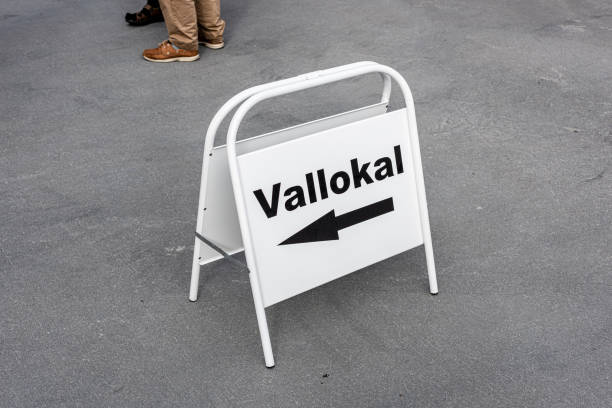 floor standing sign marked vallokal meanning polling station.. - val sverige bildbanksfoton och bilder