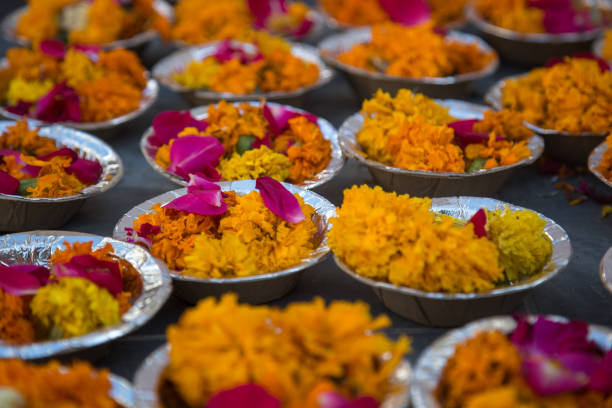 Floral Arrangement For Festival And Religious Offerings In India. Floral Arrangement For Festival And Religious Offerings In India. marigold flower stock pictures, royalty-free photos & images