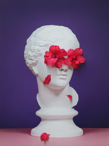 Analog collage with plaster head model (mass produced replica of Head of Aphrodite of Knidos) and flowers
