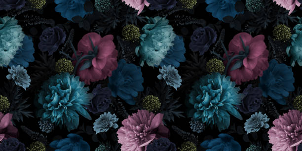 Floral seamless pattern. Multicolored flowers peonies on a black background. Unusual Floral summer seamless pattern. Garden peonies. Blue and pink flowers on a black background. Template for fabrics, textiles, paper, wallpaper, interior decoration. Vintage. floral pattern photos stock pictures, royalty-free photos & images