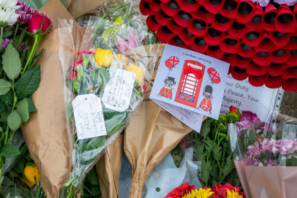 Floral tributes and personal notes in memory of Queen Elizabeth , on September18, 2022 in London, UK stock photo