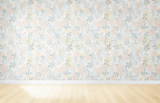 květinová tapeta v prázdné místnosti s dřevěnou podlahou - tapeta - stock snímky, obrázky a fotky