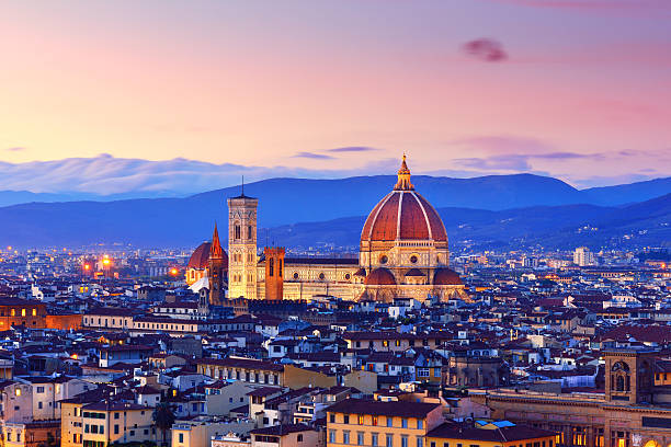Florence Cityscape and Duomo Santa Maria Del Fiore Florence cityscape and Duomo Santa Maria Del Fiore at sunset, Florence, Italy. unesco world heritage site stock pictures, royalty-free photos & images