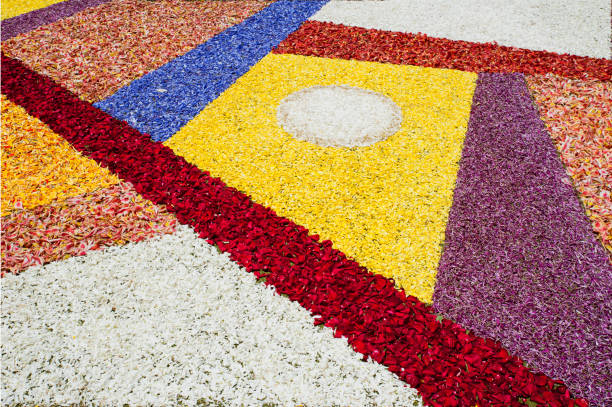 Flower carpet, intricate handmade art of large sizes covering streets and gardens, at the Corpus Christi, Spain stock photo