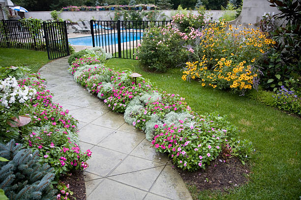 Flowered Backyard Garden Walk and Swimming Pool stock photo