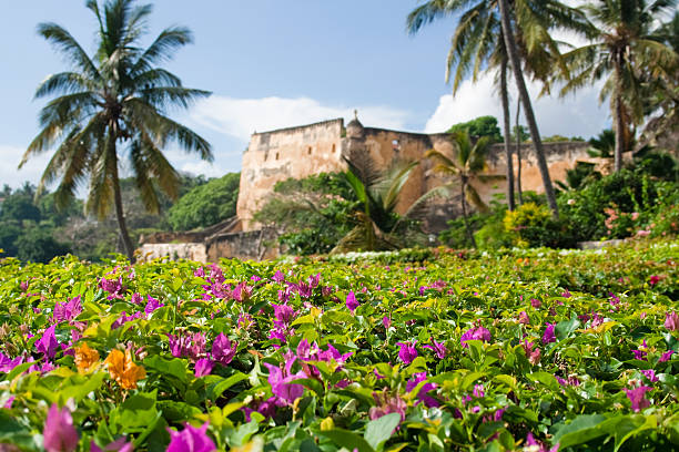 Flowering hedge with fort backdrop stock photo