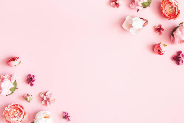 bloemen samenstelling. frame gemaakt van roze bloemen op pastel roze achtergrond. valentines day, mothers day, womens dag concept. platte lay, bovenaanzicht, kopieer ruimte - womens day stockfoto's en -beelden