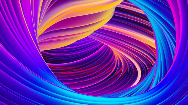Fluid flow abstract holographic ultra violet neon background for Christmas design Fluid flow abstract holographic ultra violet neon background. For trendy abstract covers and backgrounds. Shiny wrapping foil. Twisted shape in motion. 3D rendering. paint neon color neon light ultraviolet light stock pictures, royalty-free photos & images