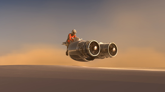 Picture of air motorcycle with turbine jet on desert. Futuristic air vehicle that lifts dust and using anti-gravity technology. A futuristic film scene. Adventurous astronaut is traveling on Mars in his flying vehicle.

Animation of this work is the following file:
1314235003