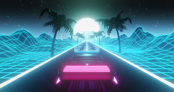 Futuristic car driving through a tropical retrowave landscape where the sun is setting over the city. The car is hovering above the road.